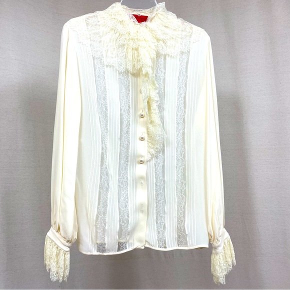 Emanuel Ungaro Paris Vintage Ivory Lace Pearl Button Down Sheer Blouse - Picture 2 of 10